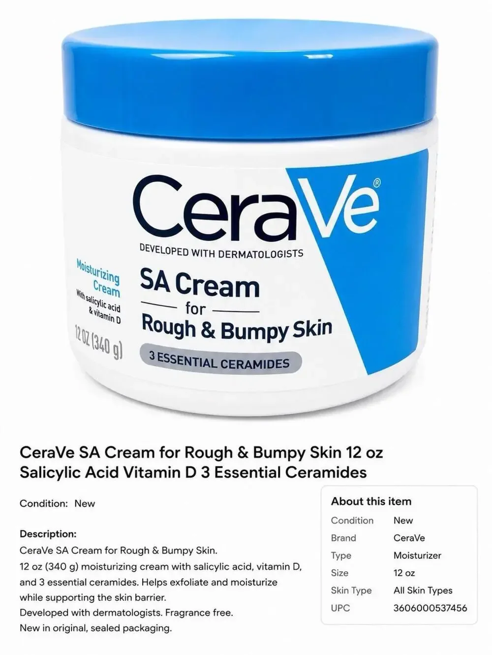 CeraVe SA Cream Rough & Bumpy Skin Moisturizer 12oz Salicylic Acid Sealed